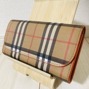 ★即決★ BURBERRY バーバリー 財布 長財布 サイフ ウォレット ノバチェック PVC オレンジ ホック式 ユニセックス ブラウン BR 茶色 