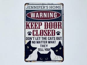 ブリキ看板 20×30㎝ 黒猫 WARNING KEEP DOOR CLOSED DON