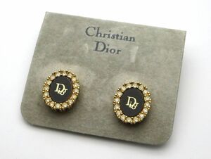 1000円スタート イヤリング Christian Dior クリスチャンディオール ラインストーン ブラック×ゴールド オーバル アクセサリー HNO B60051