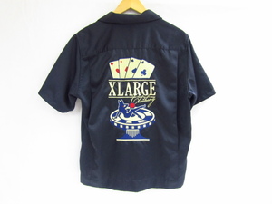 XLARGE エクストララージ オープンカラーシャツ トランプ バニーガール 刺繍 Mサイズ ボウリングシャツ ネイビー 中古品 ◆100323