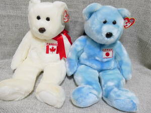 ビーニーズ大きいクマさん２体「ブルーに日本の国旗」「白にカナダの国旗」状態良好　美品
