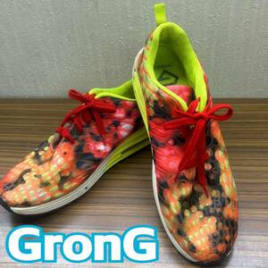 靴 ◆ GronG ◆ スニーカー 約2６．５㎝　ランニングシューズ REDｘ蛍光イエローxオレンジx黒 ◆ メンズ シューズ