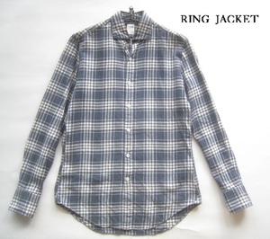 高級日本製!!リングヂャケット RINGJACKET*チェック柄長袖オープンカラーシャツ S 濃いグレー×白