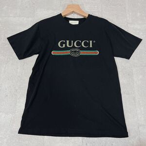 極美品 GUCCI グッチ Tシャツ 18ss 黒 ロゴ ダメージ加工 S 半袖 ブラック シェリーライン 花 刺繍 メンズ 457095