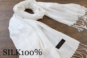 新品 薄手【シルク100% SILK】無地 ホワイト WHITE 白 Plain 大判 ストール