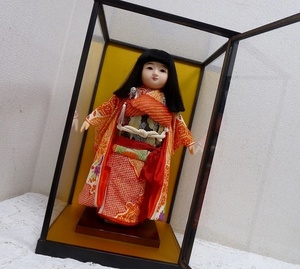 (☆BM)市松人形 高さ53.8㎝ 日本人形 ガラスケース入り 女の子 ドール 日本製 置物 オブジェ レトロ 娃娃 日本偶人 