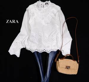 ザラ ZARA BASIC 大人可愛い☆ カットワーク刺繍 パンチングレース フリル デザインプルオーバーシャツブラウス S