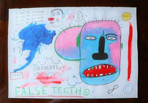 送料無料★ジャン＝ミシェル・バスキア Jean-Michel Basquiat★タイトルFALSE TEETH★販売証明書★混合メディア画★模写