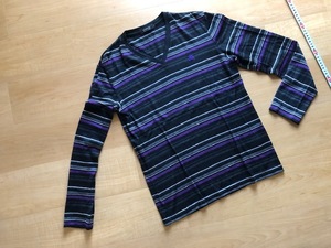良品 BURBERRY BLACK LABEL バーバリー ブラックレーベル 長袖 Tシャツ ボーダー 黒×紫系 ブラック ウール 羊毛100％ メンズ サイズ2 M