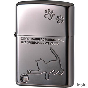 ZIPPO(ジッポー) 永久保証 シルバー 真鍮 ネコ エッチング ニッケルメッキ いぶし仕上げ ユーズド仕上げ 風防付き おしゃれ シンプル