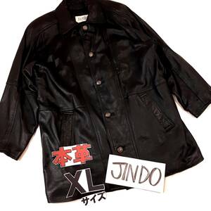 80y3★JINDO★本革 牛革レザー 取外し可能ライナー付 暖かい本革コート★革ジャン★メンズXLサイズ ブラック黒色 秋冬カウレザージャケット