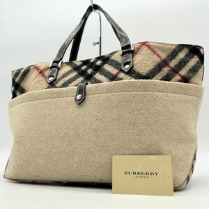 美品／希少☆BURBERRY BLUELABEL バーバリー トートバッグ 大容量 ハンドバッグ ウール A4収納可能 通勤 通学 ノバチェック ノヴァチェック