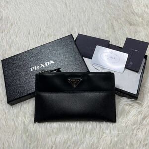 【未使用級】PRADA プラダ セカンドバッグ ポーチ オールレザー 三角ロゴプレート 付属品完備 ブラック サフィアーノ NERO ユニセックス 