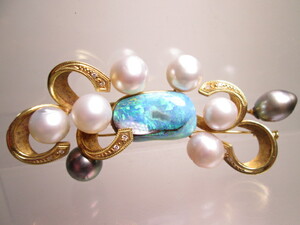 【江月】K18 ボルダーオパール＆ダイヤ真珠飾りのブローチ兼ペンダント 22,24g