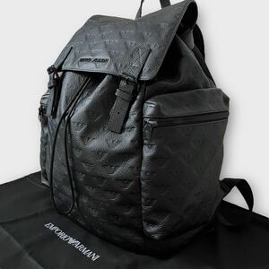 1円～激レア !美品 EMPORIO ARMANI エンポリオアルマーニ 型押し 総ロゴ レザー シボ革 リュック バッグパック メンズ大容量 ブラック