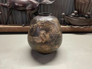 ★中古品★花瓶 時代物 花入 インテリア 竜仙花瓶 鳥梅図柄 工芸品 銅製 重さ約3.4キロ