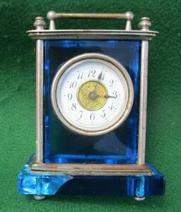 セイコー　置時計　SEIKO　青色ガラス　目覚まし時計　昭和レトロ　ガラスの底ひびあり　手巻き　時計　中古　ジャンク品　1個