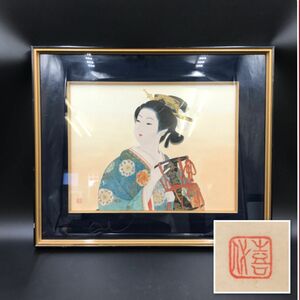 額装色紙画　日本美人画　落款 詳細不明 【J402-193#120】