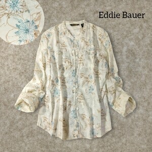 6 【Eddie Bauer】 エディーバウアー バンドカラー 花柄 フラワー シャツ ブラウス S アイボリー 春夏 薄手 コットン 綿 総柄 レディース