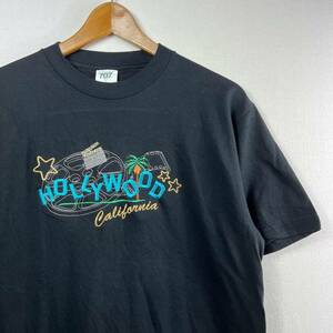 ビンテージ 00s【刺繍】HOLLYWOOD ハリウッド カリフォルニア Tシャツ 古着 ブラック スター ムービー アメカジ ハードロック アートT Y2K