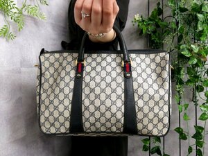 ●超美品●GUCCI オールド グッチ●シェリー●GGスプリーム●PVC カーフ レザー●ボストン バッグ●ネイビー ベージュ●G金具●A4●Js45737