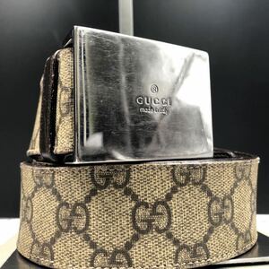 1円【美品/最高級】GUCCI グッチ ベルト GGスプリーム シルバープレート 通勤 通学 ビジネス メンズ PVC レザー 本革 ベージュ 85サイズ