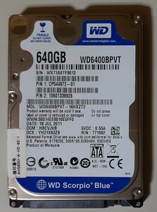 4218 2.5インチ内蔵SATAハードディスク 640GB WD6400BPVT-16HXZT2 9.5mm 5400rpm LIFEBOOK AH56/D Windows7Homeリカバリ領域 6019時間 正常