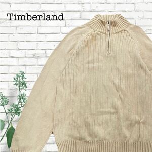 A-192★Timberland ティンバーランド★ベージュ肌色 左袖ロゴ刺繍 ハーフジップ ニット セーター L