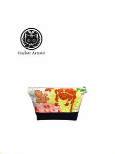 【現品1点限り】HAJIME AYUMU 金箔付き高級和柄着物&児島デニムリメイクデザインポーチ ハンドメイド 花柄 小物入れ 雑貨 化粧ポーチ