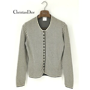 A8947/訳あり 春夏 Christian Dior クリスチャン・ディオール ウール 長袖 総柄 クルーネック ニット カーディガン M 白 黒 レディース