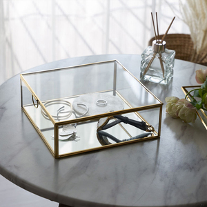 アンティーク調 ガラスと真鍮 鏡付き収納ケース L 上品なゴールド アクセサリーケース ふた付き ガラスボックス テラリウム 小物収納