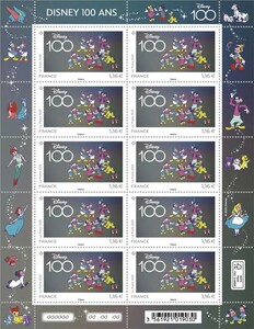 2023 フランス ディズニー100周年記念 1.16ユーロ切手 x 10枚