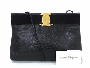 1円 ■美品■ Salvatore Ferragamo フェラガモ D210588 ヴァラ リザード型押しレザー クロスボディ ショルダーバッグ ブラック系 CC2510