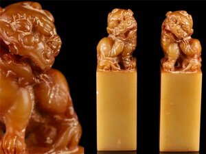 【琴》送料無料 中国美術 上手獅子彫刻 印材一対 ケース付 DH869