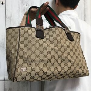 極美品/A4●グッチ GUCCI トートバッグ ハンドバッグ メンズ ビジネス 大容量 GGキャンバス シェリーライン ホースビット 金具 レザー 本革