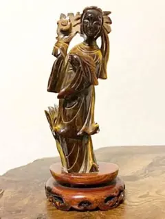 中国美術 時代 虎目石 タイガーアイ 女人彫刻像 仏像 唐木台付き