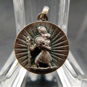 フランス ヴィンテージ シルバー ペンダント コイン チャーム 彫金 銀 男性 子供 St Christopher 聖人 宗教 メダル キリスト ⑩ T8