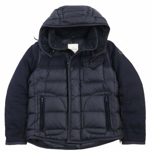 美品●MONCLER モンクレール 18-19AW RYAN ウール切り替え レザーロゴパッチ付き フーデッドダウンジャケット ネイビー 2 正規品 メンズ