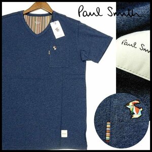 新品 即決 ポールスミス Vネック Ｔシャツ マルチラビット刺繍 L ブルー マルチストライプ 半袖カットソー Paul Smith メンズ 【2454】