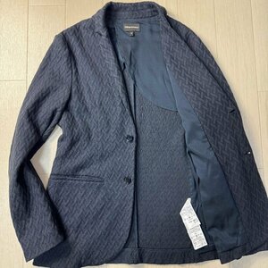 ほぼ未使用/XL相当★アルマーニ/EMPORIO ARMANI ジャガードニット シングル テーラード ジャケット ブレザー 凹凸生地 メンズ 紺