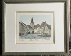 織田義郎『ドイツの小さな街並み エッチング＋手彩色 絵画 銅版画 風景画