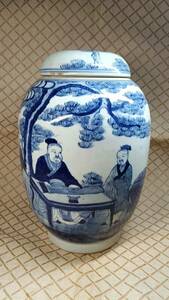 中国 唐物 古瓷 時代物 染付 清代青花高士人物紋罐