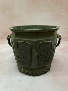 奈良 旧家蔵出 古銅 真鍮 火鉢 灰入れ 火桶 火櫃 古美術 彫金 緑青 青サビ 金魚鉢