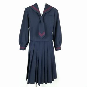 1円 セーラー服 スカート ネクタイ 上下3点セット 冬物 赤3本線 女子 学生服 中学 高校 紺 制服 中古 ランクB NA0958