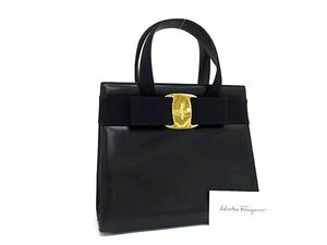 1円 ■美品■ Salvatore Ferragamo フェラガモ BA21 4178 ヴァラリボン レザー ハンドバッグ トート レディース ネイビー系 AW4961