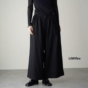 美品 LIMI feu リミフゥ 袴パンツ ウールギャバ サイドベルト ワイドパンツ ギャザー ロング丈 ハイウエスト ブラック ヨウジヤマモト