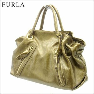 TS FURLA/フルラ レザーハンドバッグ ゴールド系 保存袋つき