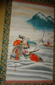 稀少 ヴィンテージ 侍 武者 弓矢 鎧 馬 海 彩色 落款 秋花 紙本 掛軸 絵画 日本画 古美術