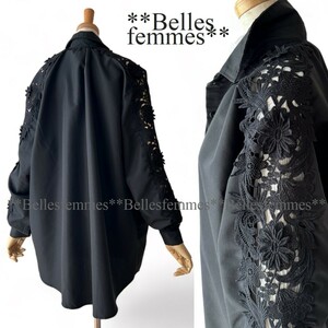 ★Belles*★新品*送料185円*上品セレブチュニックブラウス*繊細モチーフレース*ビッグシルエット*ゆったりブラウス*588*黒*M～L/LL/XL