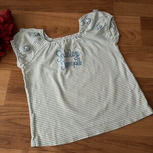 Shirley Temple シャーリーテンプル 半袖Tシャツ カットソー 100 水色 ボーダー 立体 フラワー